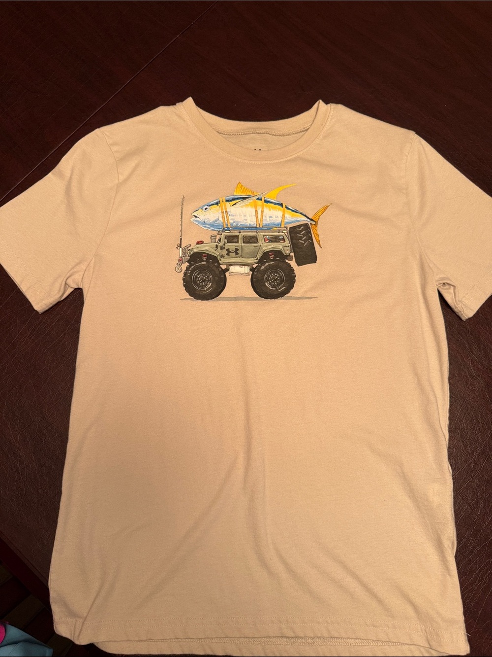 Under Armour Kids Tan Graphic Tee with Yellow & Blue Fish Print